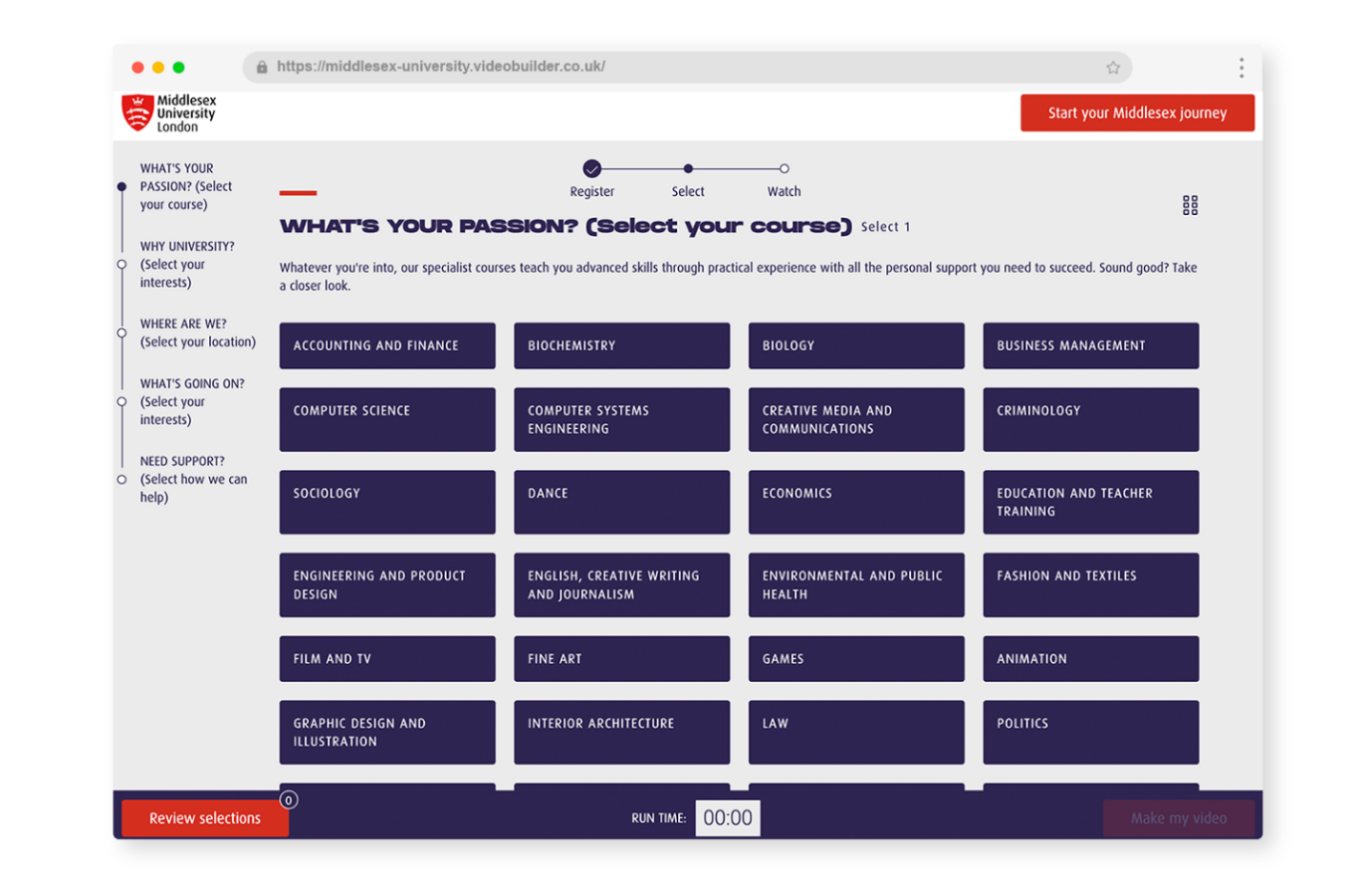 course selection screen university of middlesex personalised video builder