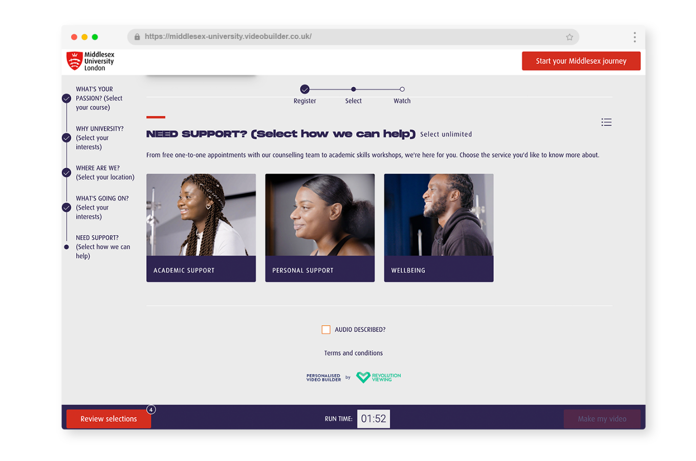 middlesex-pvb-browser-Mockup-1b support selection screen university of middlesex personalised video builder