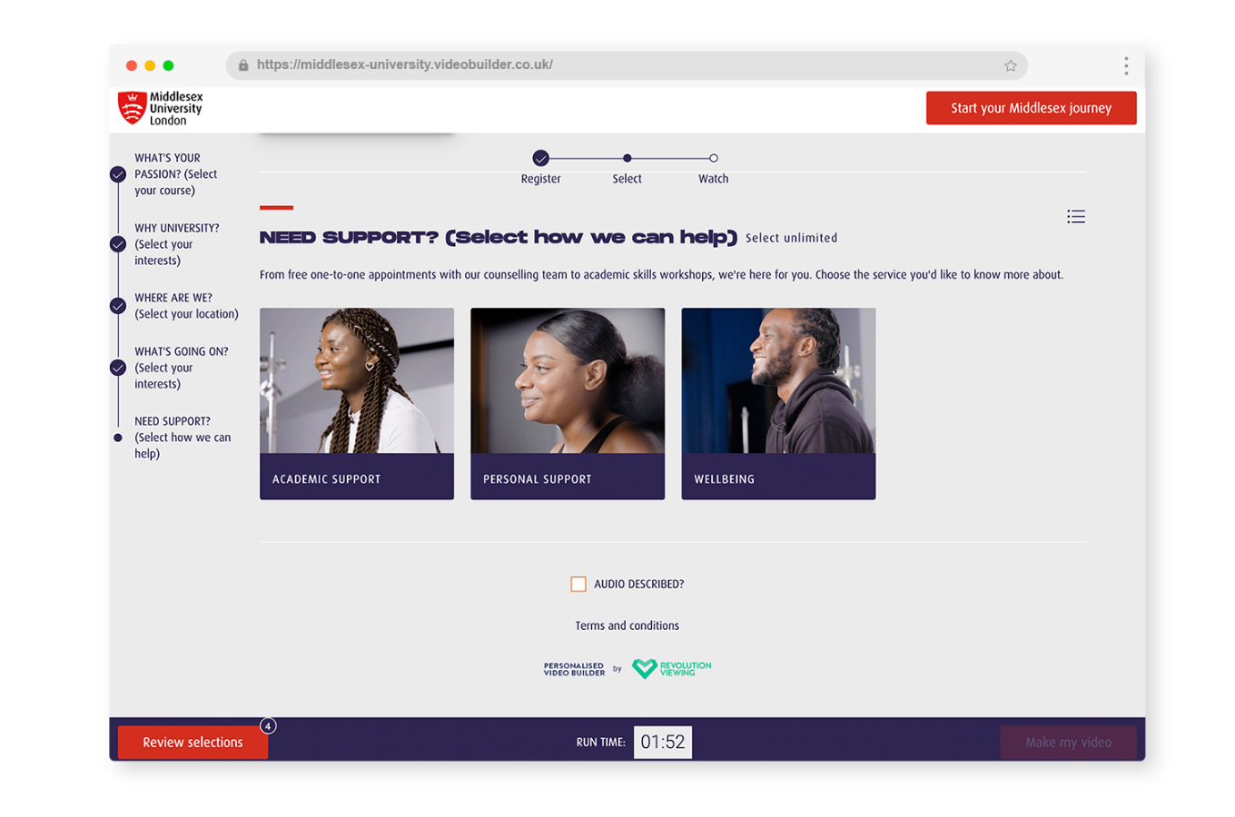 support selection screen university of middlesex personalised video builder